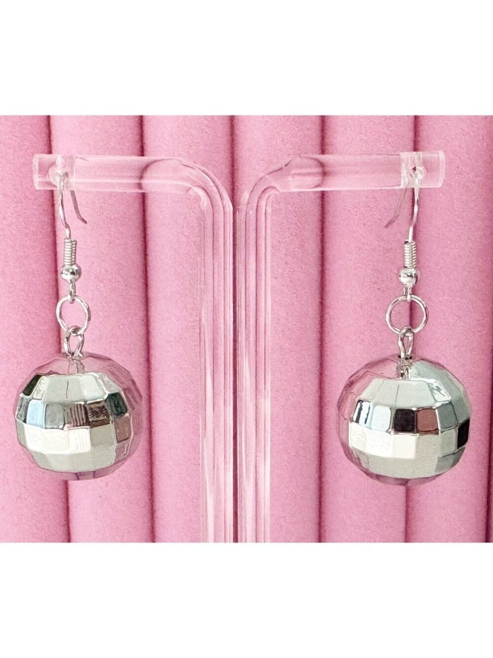 70's Disco Ball Earrings Silver Mirror Ball Earrings